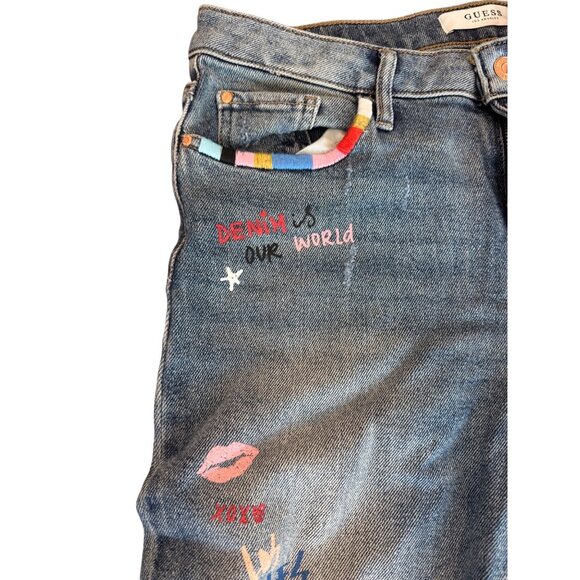Guess Mid Rise Skinny Jeans Womens Size 29 Blue Distressed Graffiti Print Denim - Picture 4 of 11